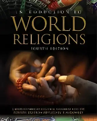 De boekomslag van introduction to world religions toont de titel in gouden letters op een donkere achtergrond