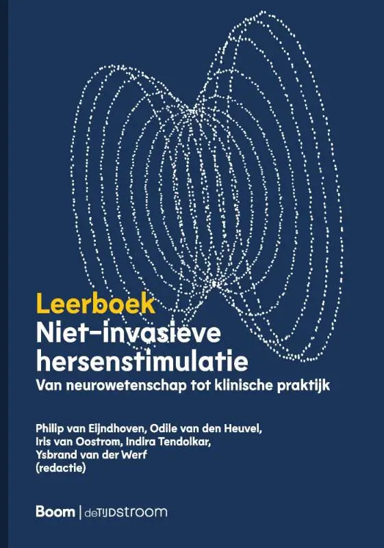 Deep blauw leerboek niet-invasieve hersenstimulatie met witte gepunte overlappende breinvormen en gele en witte titeltekst