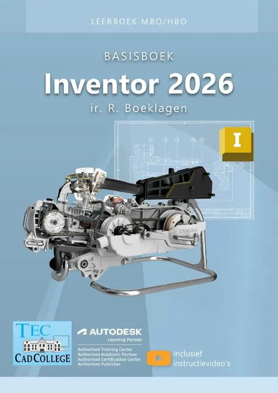 Cover van Inventor 2026 basisboek met een gedetailleerd metallic zilver en zwart 3d model van een motorassemblage