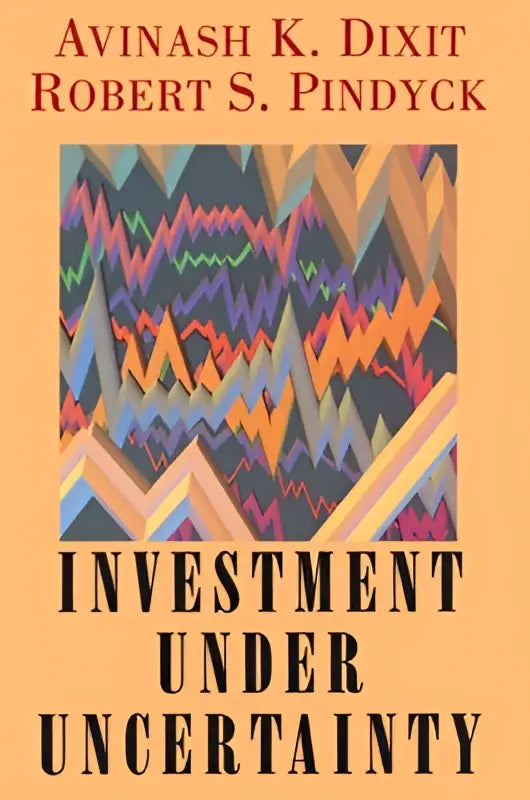 De boekcover van investment under uncertainty toont een abstract geometrisch ontwerp in blauw, oranje, paars en groen voor investment decisions