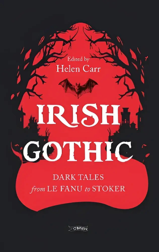 Rode en zwarte boekomslag van irish gothic met gotische illustraties van bomen, vleermuis en kastelen voor gothic dark tales
