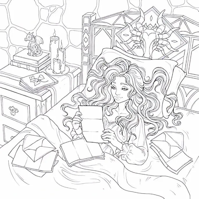 A black-and-white line drawing of a woman reading letters in bed in the iron flame official coloring and sticker book