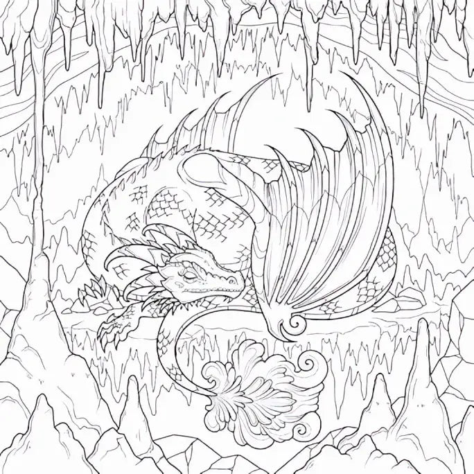 Een gedetailleerde zwart-wit lijntekening van een draak in een grot in iron flame de officiële coloring en sticker book