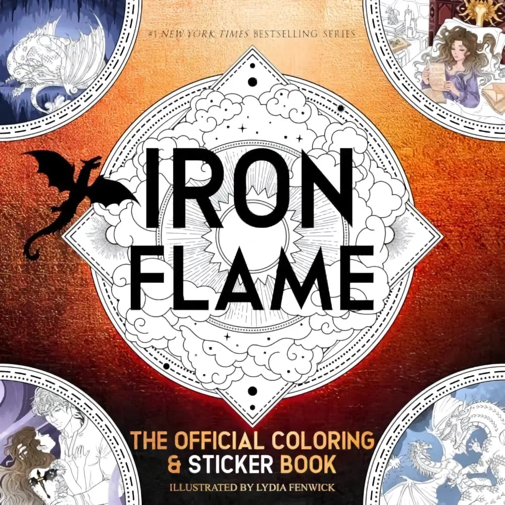 Iron flame official coloring and sticker book with detailed black and white illustrations on a warm gradient background