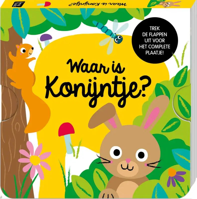 Een kleurrijk flapboek voor jonge lezers genaamd waar is konijntje met een cartoon konijn en bosillustraties