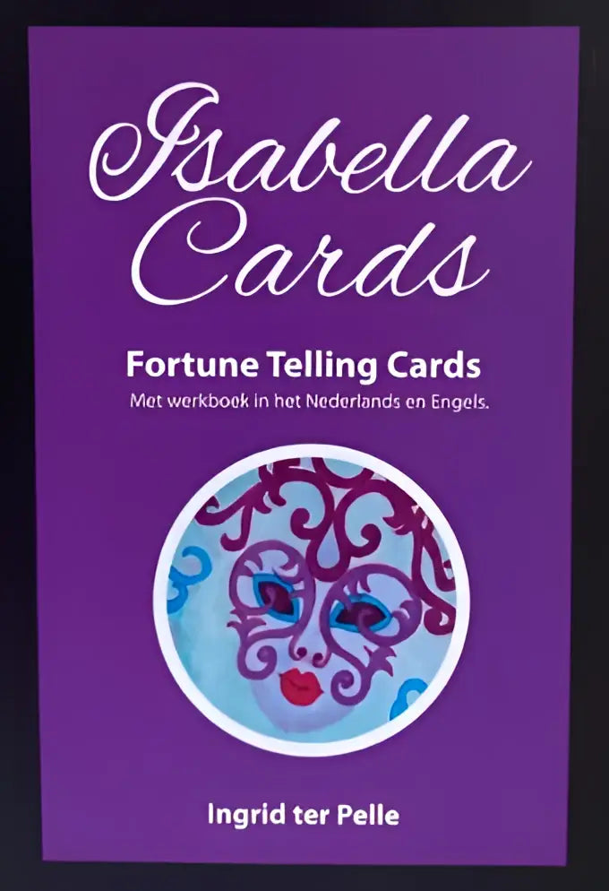 Isabella cards fortune telling cards with purple deck featuring a circular blue and purple ornate mask illustration