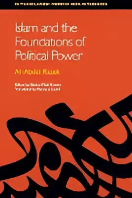 Oranje boekomslag met zwarte arabische kalligrafie en titel islam and the foundations of political power van ali abdu razaq