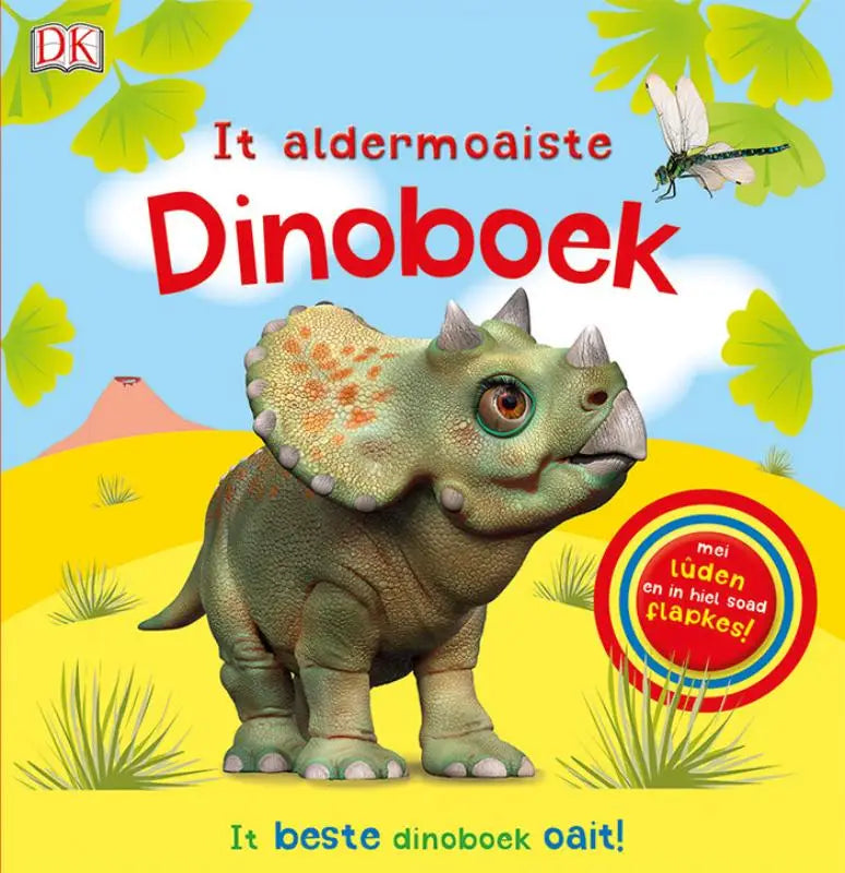 Groen getextureerde triceratops dinosaurus met oranje vlekken op franje en witte hoorns in geel landschap in aldermoaiste dinoboek
