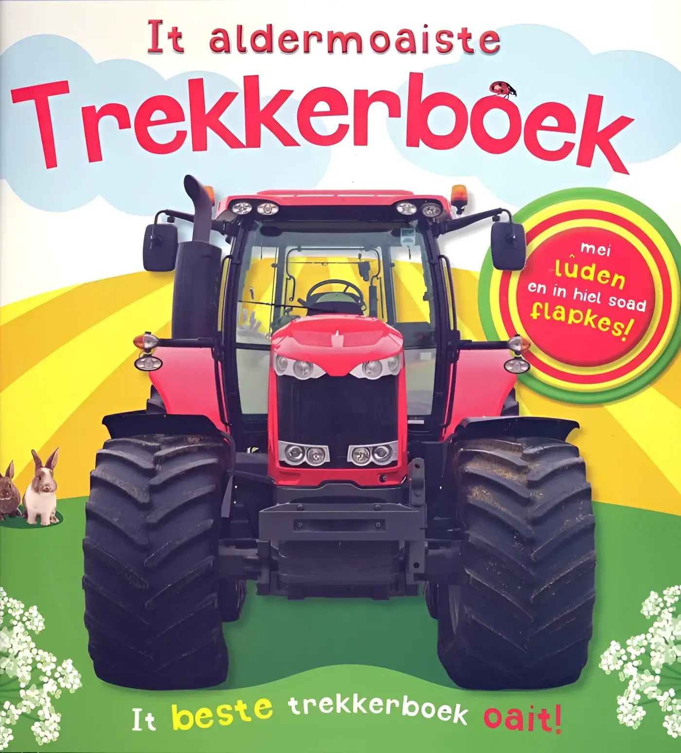 Rode john deere trekker met zwarte banden en geel interieur op de voorkant van het aldermoaiste trekkerboek voor kinderen
