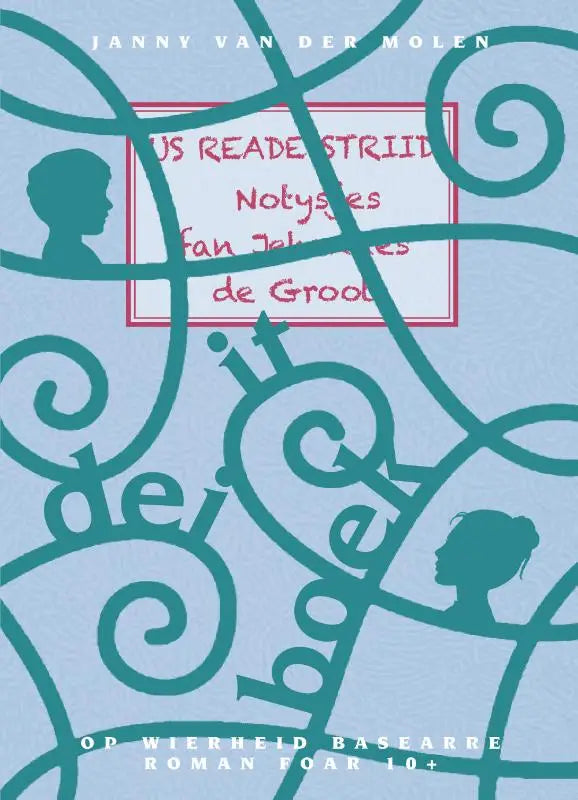 Lichtblauw boek de reade striids notities met groene patronen en twee silhouetten, historische fictie voor jonge lezers