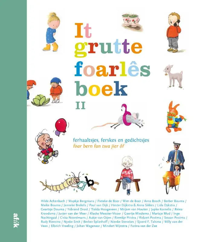 De cover van it grutte foarlêsboek ii toont kleurrijke illustraties met een kind in blauwe overal en gele laarzen voor jonge lezers