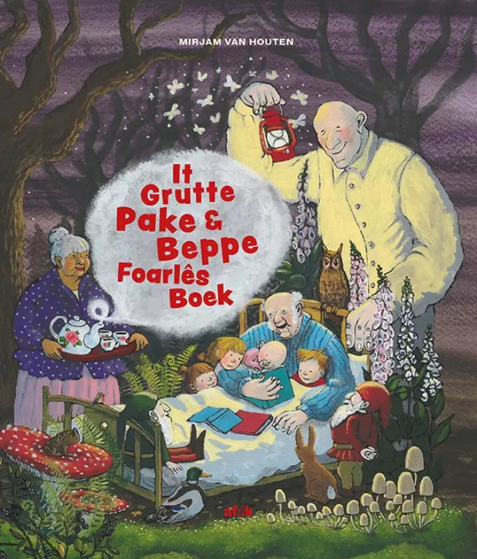 De kleurrijke voorkant van it grutte pake en beppe foarlêsboek toont een oude man in geel met een rode lantaarn voor jonge lezers