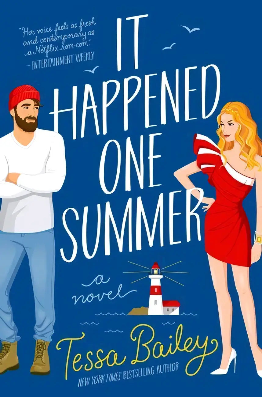 De roman it happened one summer van tessa bailey toont een man in een rode beanie en vrouw in een rode jurk