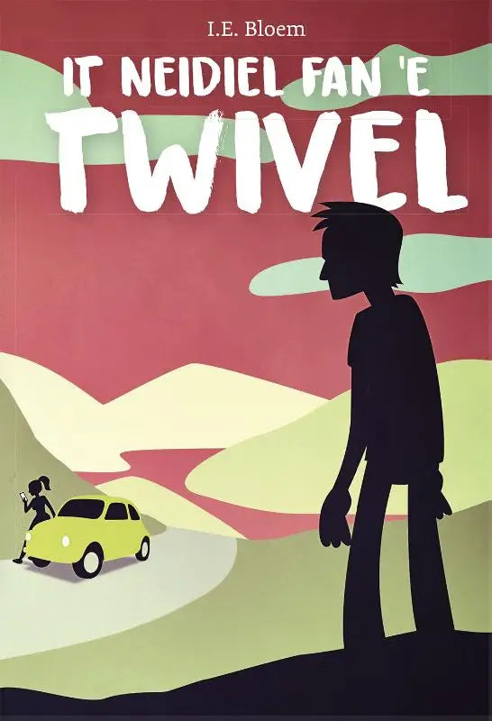 Boekcover van it neidiel fan e twivel met witte tekst, roodgroene achtergrond en zwart silhouet van man en vrouw