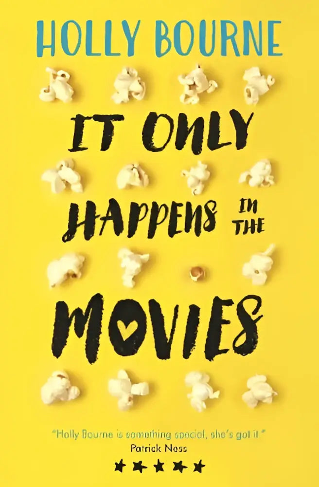 Gele boekcover van it only happens in the movies door holly bourne met witte popcornkernels voor jonge lezers