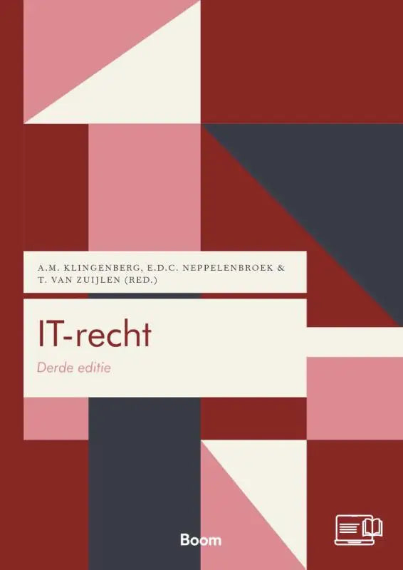 De cover van het IT-recht boek van koninklijke boom uitgevers toont een abstract patroon met rode, roze en donkergrijze driehoeken