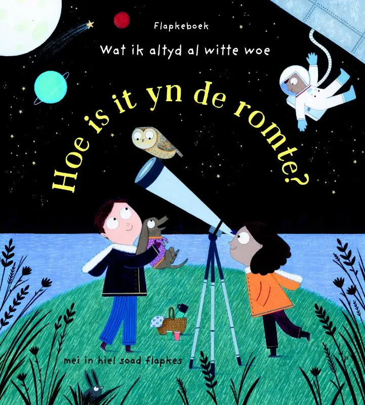 Een kinderboek met flapjes hoe is het yn de romte met een cartoon telescoop en jonge lezers onder een sterrenhemel