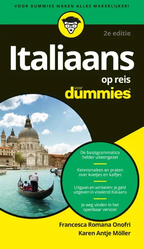 Zwarte en gele boekcover van italinaans voor dummies op reis gids met witte tekst en afbeelding van venetiaanse kanalen