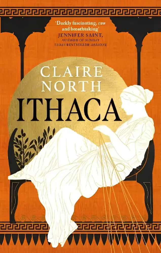 Oranje boekomslag van ithaca met een witte silhouetfiguur liggend tegen een sierlijk patroon claire north penelope houdt ithaka
