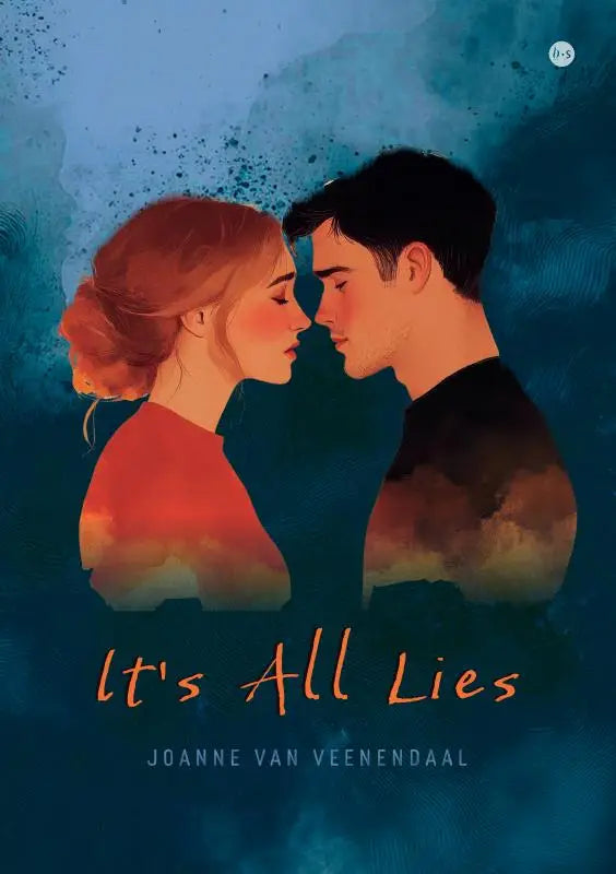 Boekomslag van it’s all lies toont een liefdevol omarmend koppel tegen een blauw en oranje aquarel achtergrond