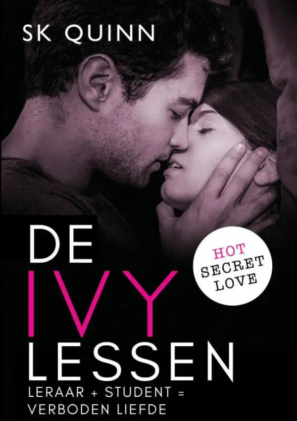 De ivy lessen boekomslag toont een gepassioneerde omhelzing met de titel in witte en roze letters op een donkere achtergrond