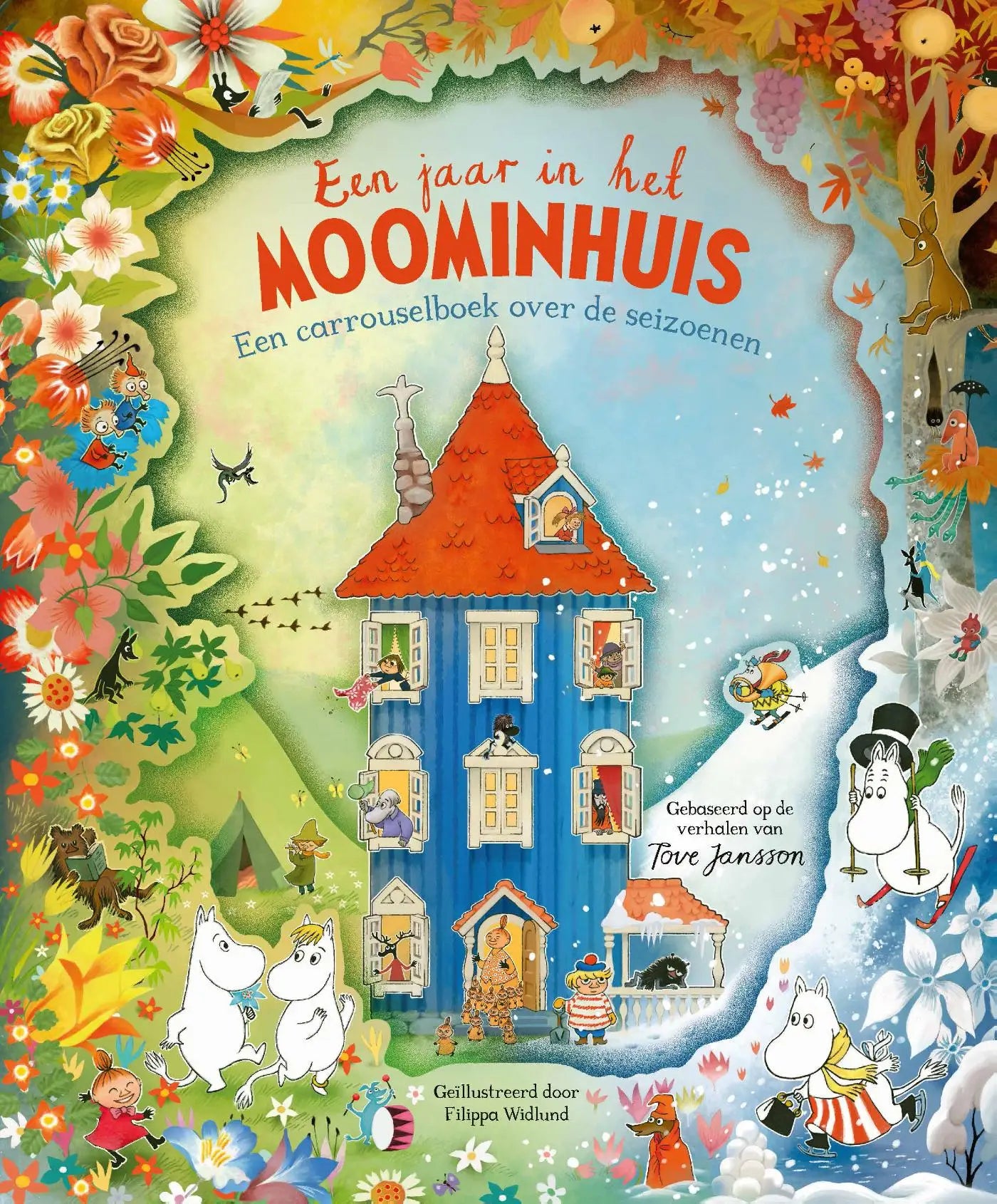 Een jaar in het moominhuis kinderboek met een blauw moominhuis en kleurrijke herfstbloemen voor jonge lezers
