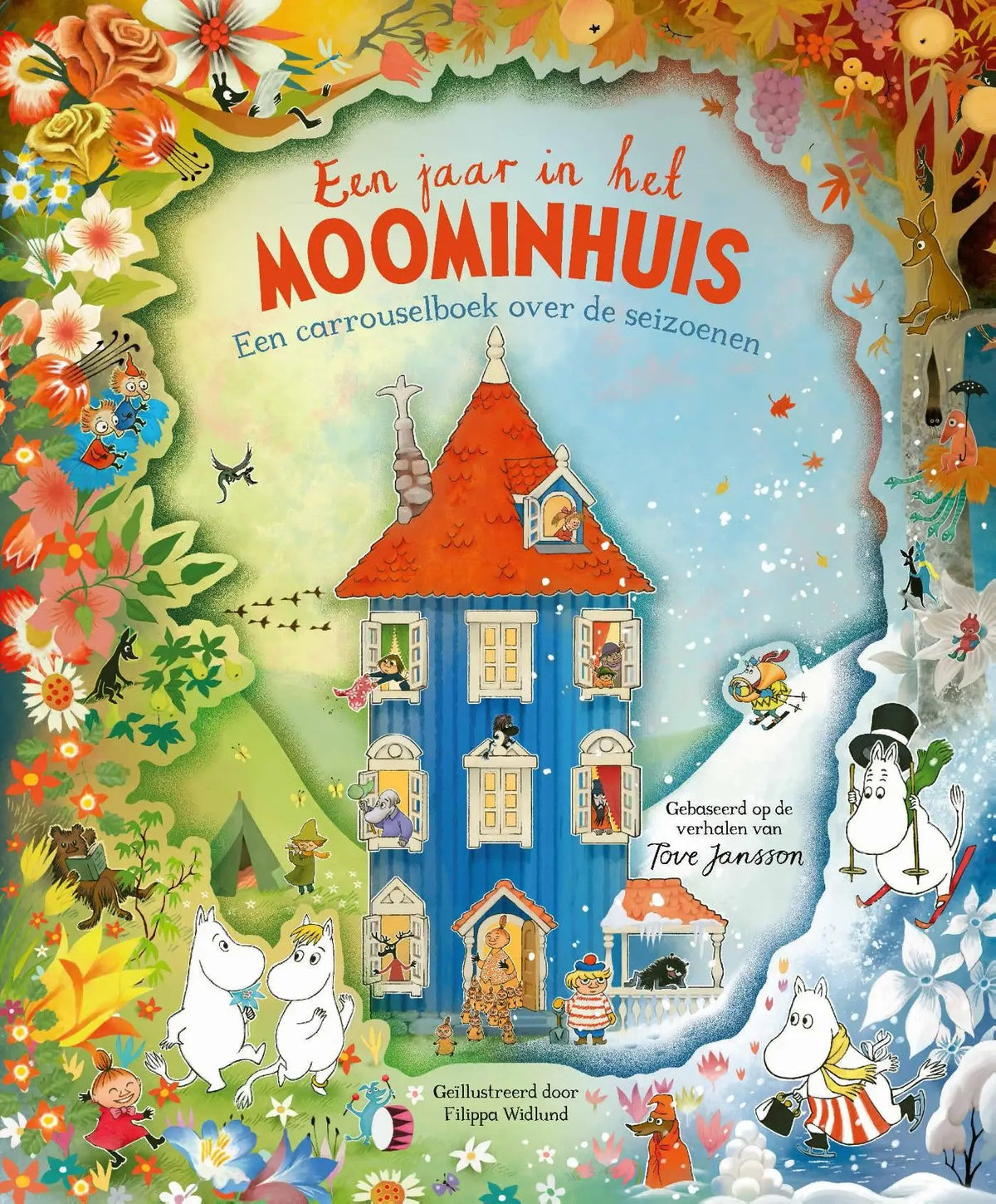 Een jaar in het moominhuis toont het blauwe moominhuis met rood dak en herfstige bloemen van tove jansson