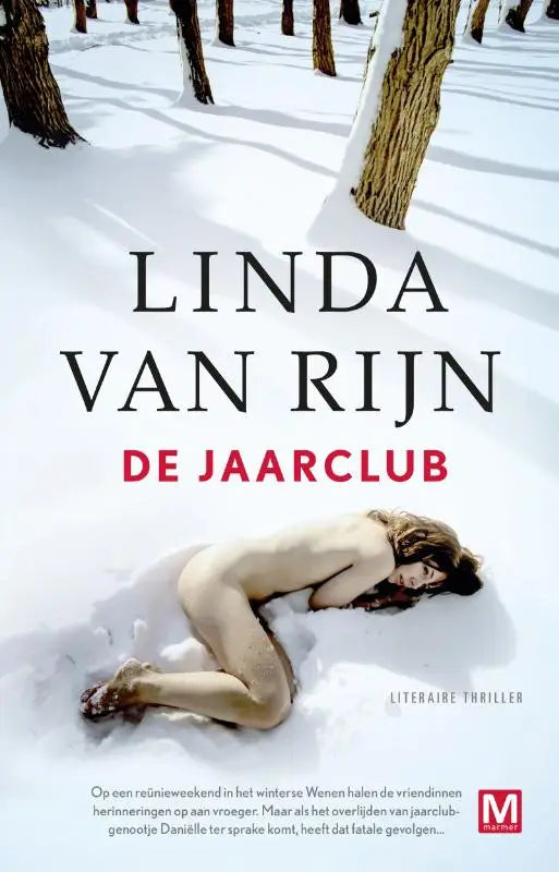 Nude vrouw liggend in sneeuw op de boekcover van de jaarclub van linda van rijn