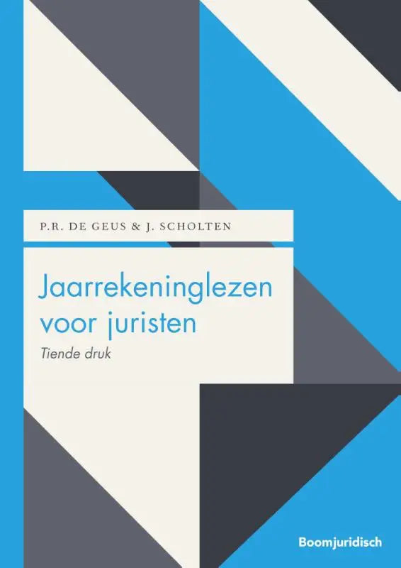 Blauwgrijs geometrisch patroon boekomslag met witte tekst jaarrekeninglezen voor juristen door p.r. uitgegeven door koninklijke boom uitgevers