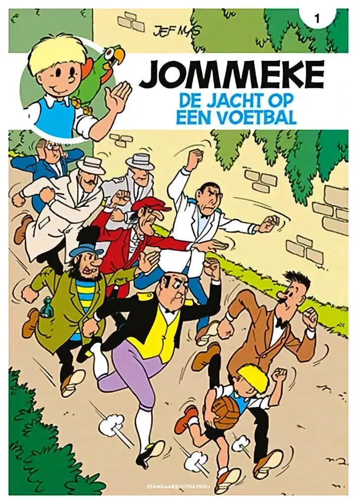 De jommeke comic book cover de jacht op een voetbal by jef nys with vibrant colors and dynamic characters in motion