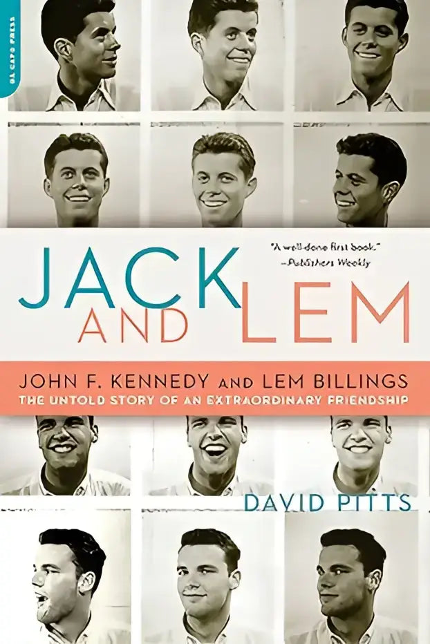 Boekomslag van jack and lem met zwart-wit portretrooster en titel in opvallende teal letters door david pitts