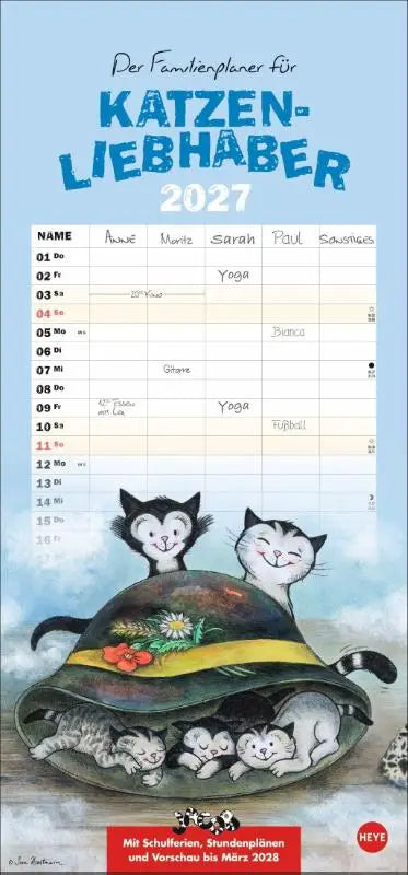 2027 jacob familienplaner praktischer familienkalender mit 5 spalten liebvoll illustrierter wandplaner mit katzen und schildkröte