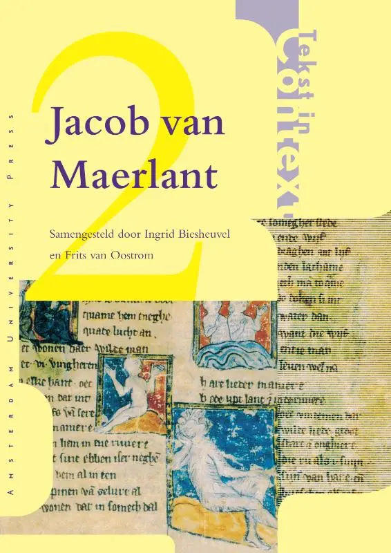 Gele boekomslag van jacob van maerlant met middeleeuwse manuscriptillustraties en grote gele cijfer 2