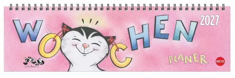Pink jacob wochenquerplaner 2027 mit spiralbindung und praktischer tischquerkalender katzen-cartoon