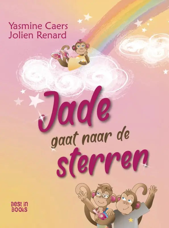 Roze en paarse illustratie van kinderboek cover met cartoon apen onder een regenboog voor jade gaat jonge lezers