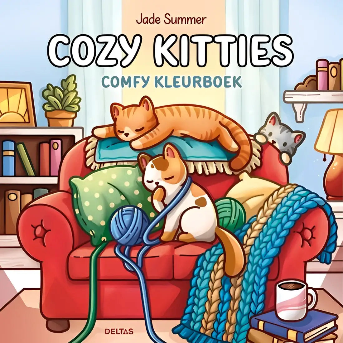 Cozy orange tabby cat lounging on red armchair with green polka-dot pillow and blue yarn ball in jade summer cozy kitties