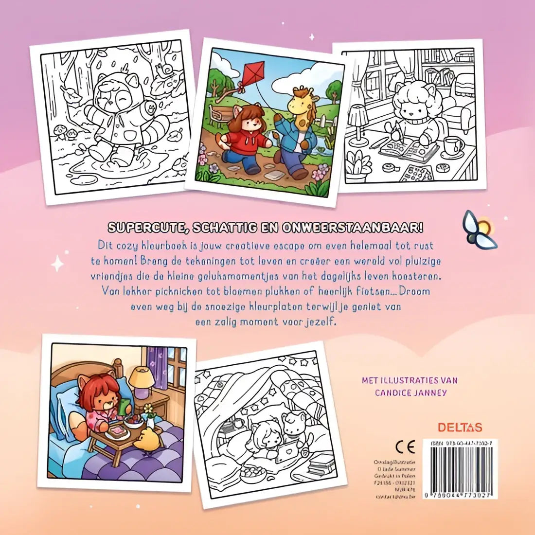 Roze kleurboek jade summer cozy life met zwart-wit illustraties van kinderen en dieren in zomer cozy leven scènes