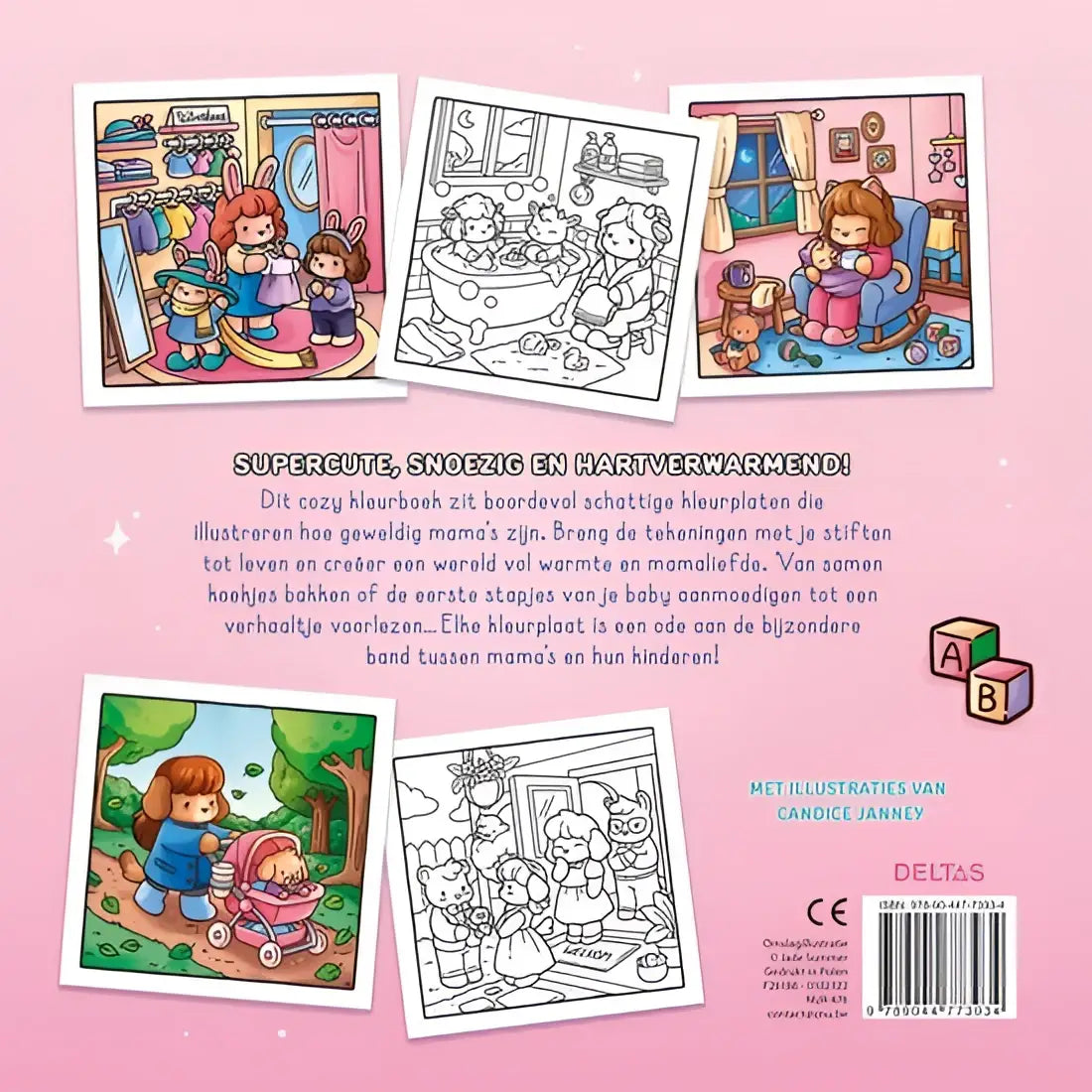 Roze kinders kleurboek jade summer cozy moms met geïllustreerde scènes van moeder en kind in zomer cozy huiselijke settings