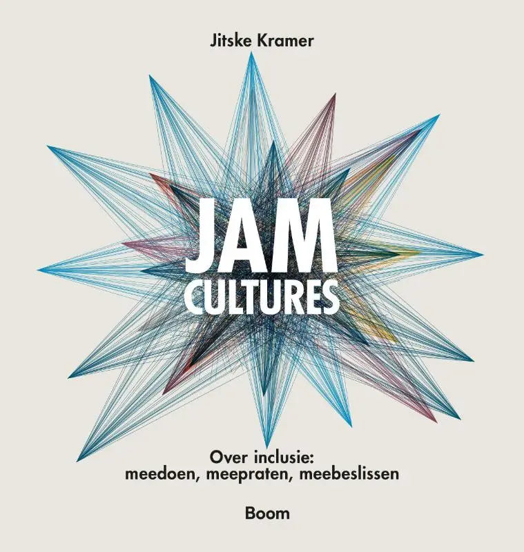 Het boek jam cultures heeft een kleurrijk stervormig ontwerp met blauwe, paarse en gele lijnen