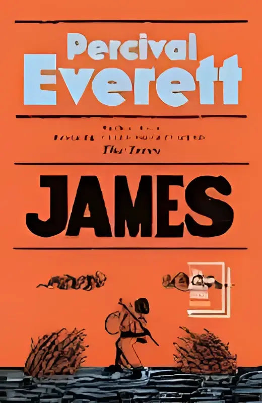 Oranje boekomslag van james door percival everett met zwarte tekst en gestileerde illustratie van twee lopende figuren