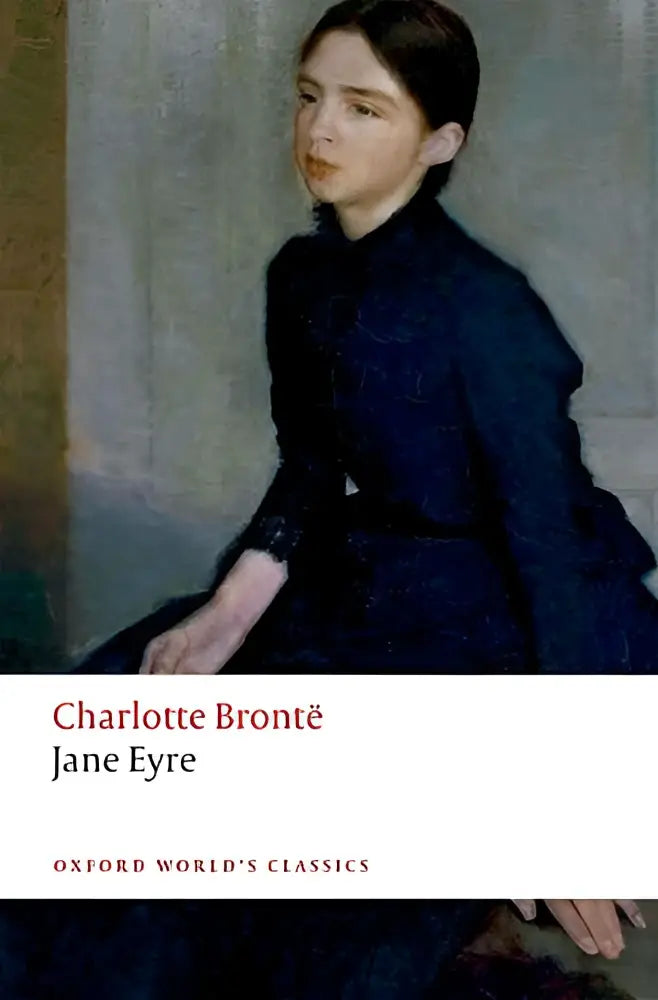 De boekcover van jane eyre toont een portret in donkerblauwe kleding met titel en auteur op een witte band onderaan