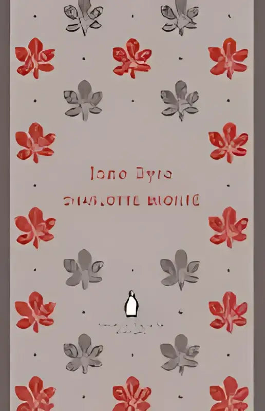 Een boek met een grijze kaft, versierd met rode en zwarte bloemmotieven, getiteld jane eyre van charlotte brontë