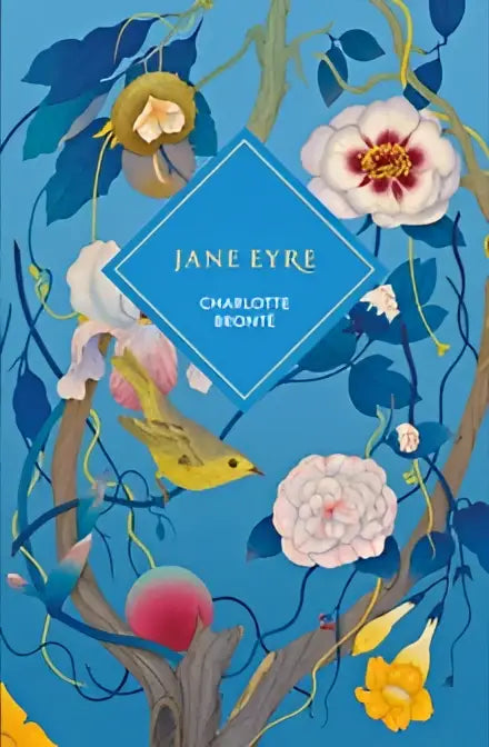 The jane eyre special edition book cover features a vibrant blue background with floral illustrations for this beautiful deluxe gift