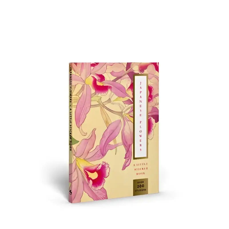 Een zachte beige hardcover little sticker book met een elegante illustratie van roze en magenta orchideeën
