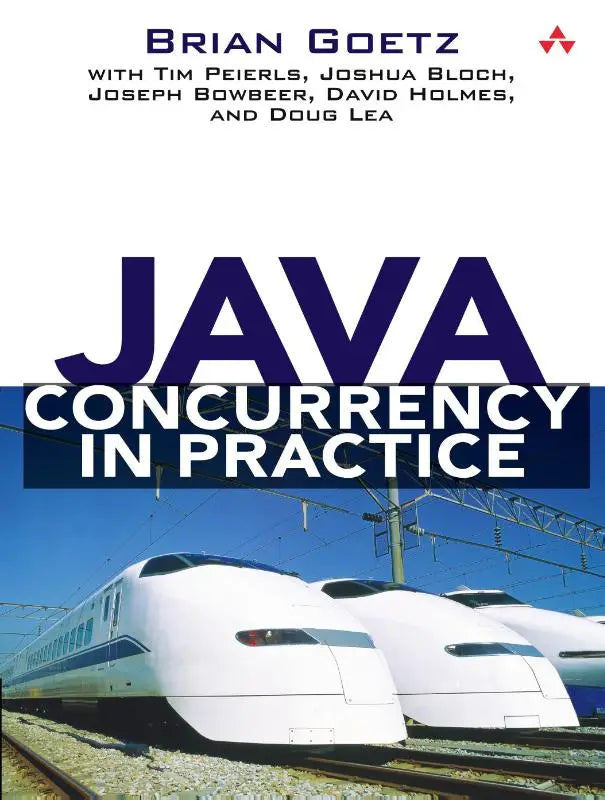 The java concurrency in practice book by brian goetz features sleek white high-speed trains on its cover under a blue sky