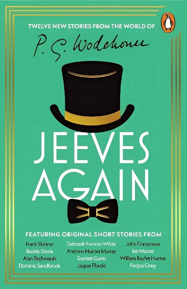 Teal hardcover book titled jeeves again by p.g. featuring a black top hat and bow tie illustration by andrew hunter curtis and william rayfet craig