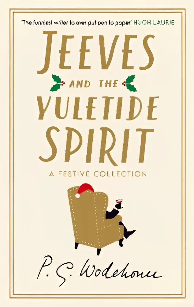 Beige boekomslag van jeeves and the yuletide spirit met gouden letters en een man in een rode kerstmanmuts op een fauteuil