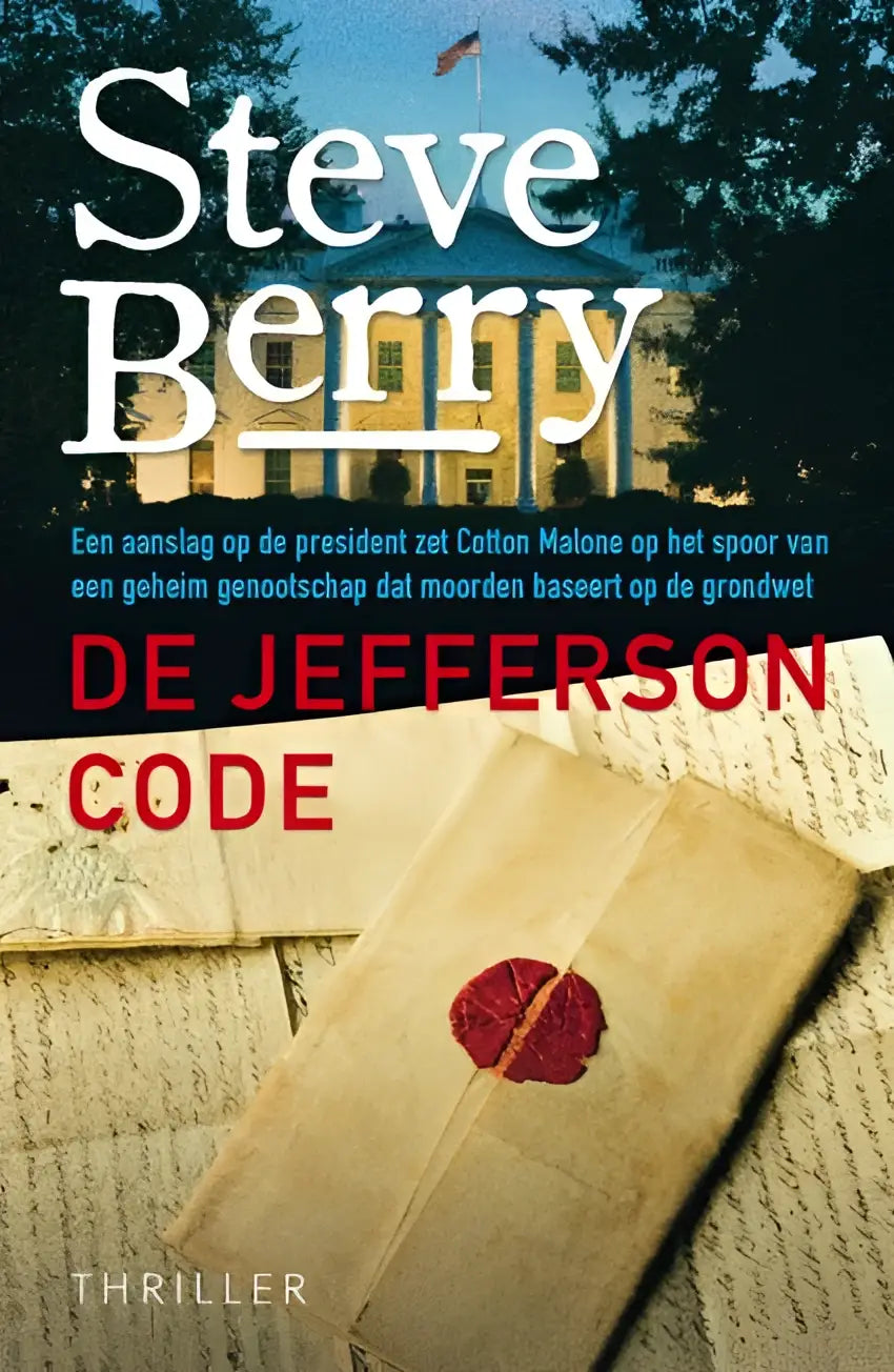 De jefferson code van steve berry toont een boekomslag met vintage perkamenten omslag en rode zegel