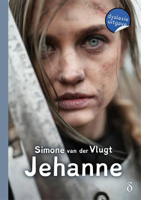 De boekcover van Jehanne toont een vrouw met lichtbruin haar en groene ogen die een zwaard vasthoudt met gegraveerde tekst