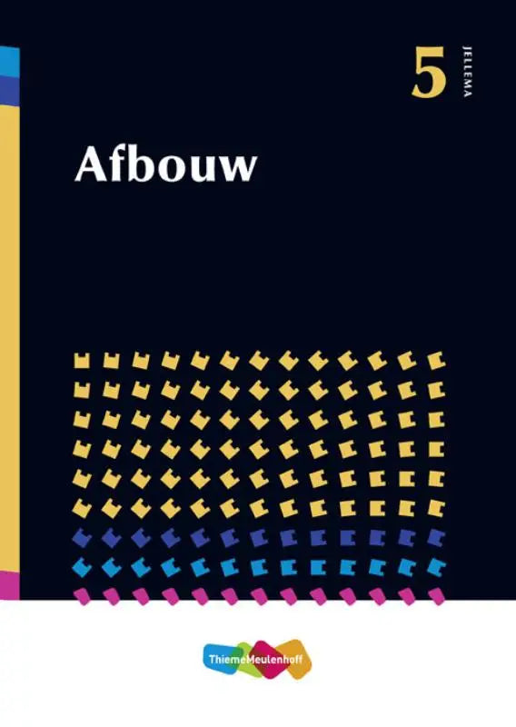Donkerblauwe Jellema educatieve uitgaven algemeen textbook cover afbouw met gele, paarse en blauwe geometrische vormen